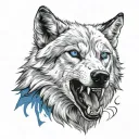 white wolf with blue eyes with scarface with sharp teeth  tattoo design idea