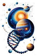 A celestial rosary, each bead a spiraling DNA strand, unfurls into an expansive cosmic tapestry of planets tattoo design idea