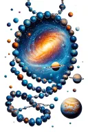 A celestial rosary, each bead a spiraling DNA strand, unfurls into an expansive cosmic tapestry of planets tattoo design idea