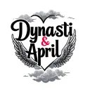 "Dynasti & April" "Dynasti & April" "Dynasti & April" name in shape of heart with wings and clouds tattoo design idea