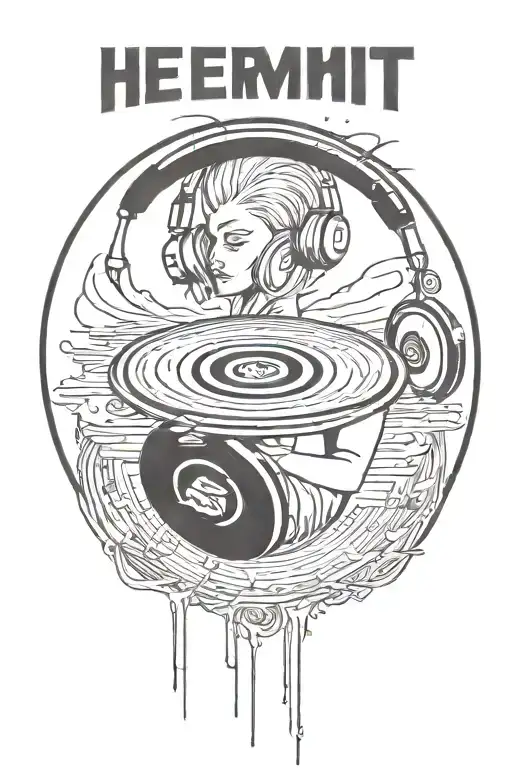 The hermit tarot card hearing headphones and holding a vinyl record tattoo design idea