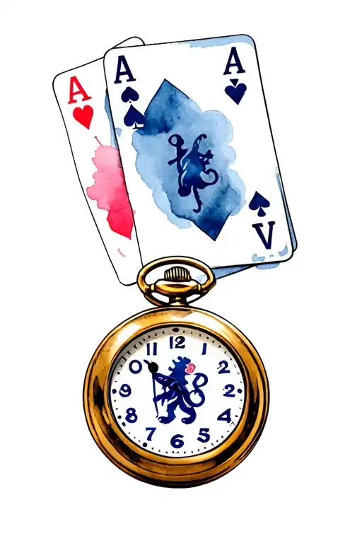 a pocket watch, with the Chelsea fc logo, an ace playing card and 4 dates in a sleeve  tattoo design idea