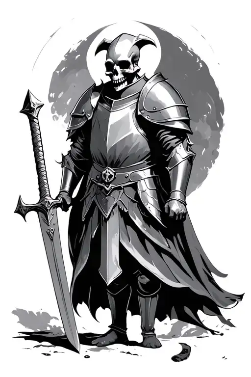 full body knight with a skull for a head, wearing armor, and holding a sword  tattoo design idea
