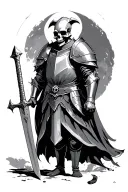 full body knight with a skull for a head, wearing armor, and holding a sword  tattoo design idea
