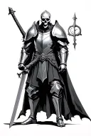 full body knight with a skull for a head, wearing armor, and holding a sword  tattoo design idea