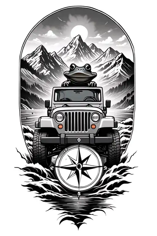 forearm compass tattoo with mountains, ocean waves and a frog driving a jeep  tattoo design idea