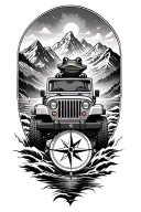 forearm compass tattoo with mountains, ocean waves and a frog driving a jeep  tattoo design idea