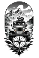 forearm compass tattoo with mountains, ocean waves and a frog driving a jeep  tattoo design idea
