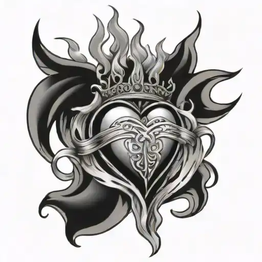 Sacred Heart with a flame coming out of the top and a ribbon with the word MALA in the ribbon tattoo design idea