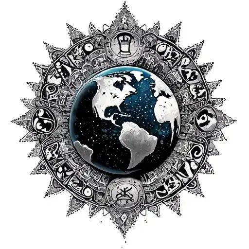 Planet Earth with zodiac sign Aquarius and Libra combined and framed with the style of a mandala tattoo design idea