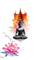 Buddha mediation on lotus flower. black and white with water colour flower. Chinese temple and tiger surrounding  tattoo design idea
