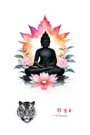 Buddha mediation on lotus flower. black and white with water colour flower. Chinese temple and tiger surrounding  tattoo design idea