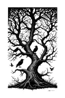 Silhouetted Forest: Twisted, leafless trees stretching upward, with ravens perched on branches and a few in flight. tattoo design idea