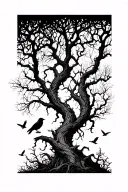 Silhouetted Forest: Twisted, leafless trees stretching upward, with ravens perched on branches and a few in flight. tattoo design idea