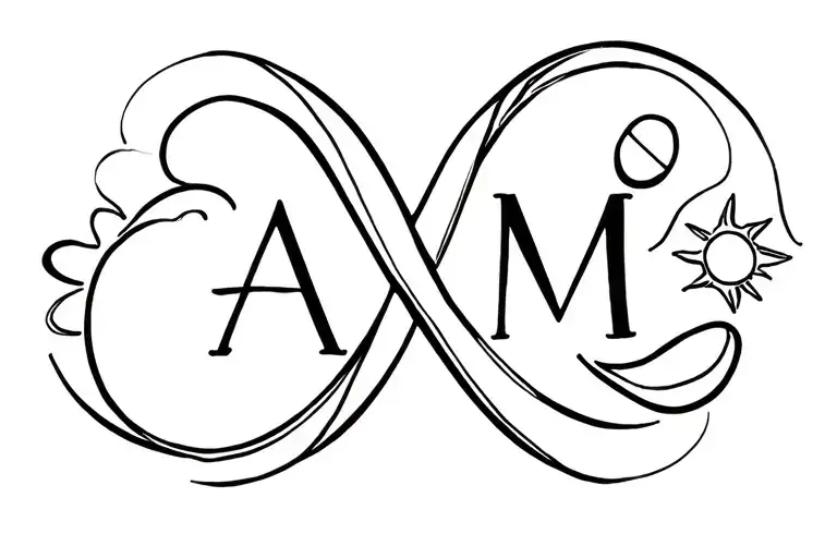 Tattoo with the initials A and M intertwined, with an infinity symbol and a sun and a moon, small, mother and son tattoo design idea