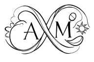 Tattoo with the initials A and M intertwined, with an infinity symbol and a sun and a moon, small, mother and son tattoo design idea