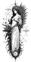 A celestial tattoo design representing astrology Virgo, incorporating elements of time and decay, with a subtle nod to the war in heaven, in a blackwork style tattoo design idea