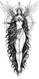 A celestial tattoo design representing astrology Virgo, incorporating elements of time and decay, with a subtle nod to the war in heaven, in a blackwork style tattoo design idea
