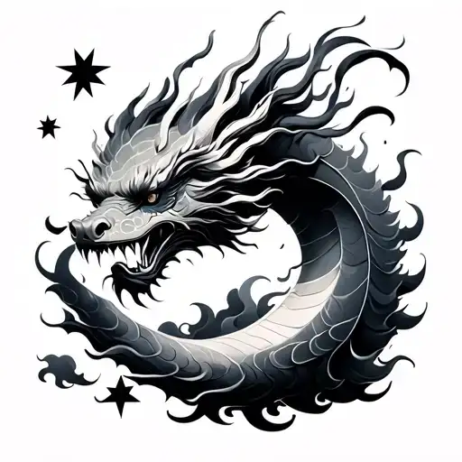 chinese dragon, moon ,star, clouds floating tattoo design idea