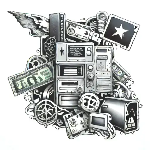 A detailed collage of various computer parts, money symbols, and ATM machines forming a cohesive design on the skin tattoo design idea