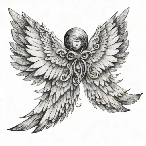 angelic wings spread wide with a protective magical centre conveying light,happiness,protection,life,and softness tattoo design idea