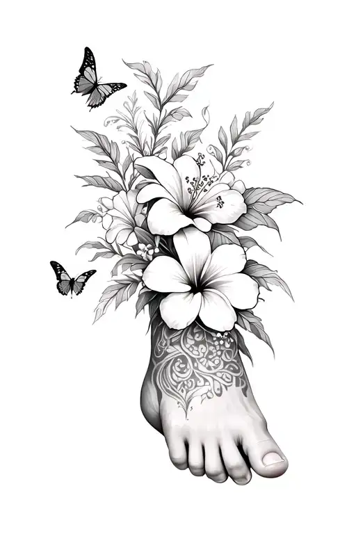 Ankle/foot tattoo with hibiscus,lily,and plumeria flowers and filler vines and a butterfly tattoo design idea