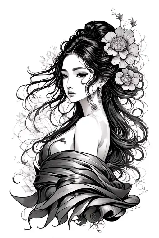 Full sleeve tattoo design in fine-line and post-manga style, featuring a mysterious Japanese woman with flowing hair, st tattoo design idea