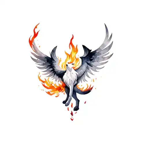 Grey & White wolf phoenix hybrid with fire around it tattoo design idea