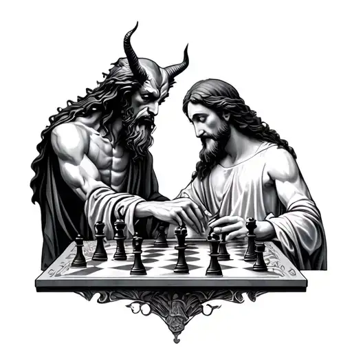 devil and jesus playing chess tattoo design idea