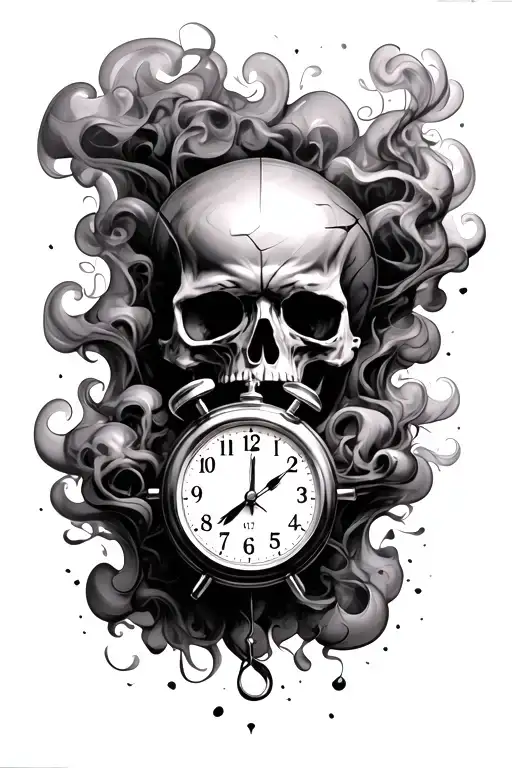 smoke skulls with a broken stop watch stuck on 4:19, hidden numbers 01951044 in the smoke as well  tattoo design idea