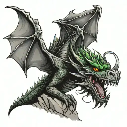 a too headed black dragon with green eyes emerging from a cave with smoke on it  tattoo design idea