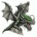 a too headed black dragon with green eyes emerging from a cave with smoke on it  tattoo design idea