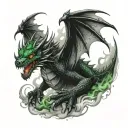 a too headed black dragon with green eyes emerging from a cave with smoke on it  tattoo design idea