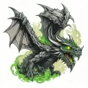 a too headed black dragon with green eyes emerging from a cave with smoke on it  tattoo design idea