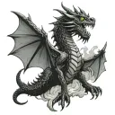 a too headed black dragon with green eyes emerging from a cave with smoke on it  tattoo design idea