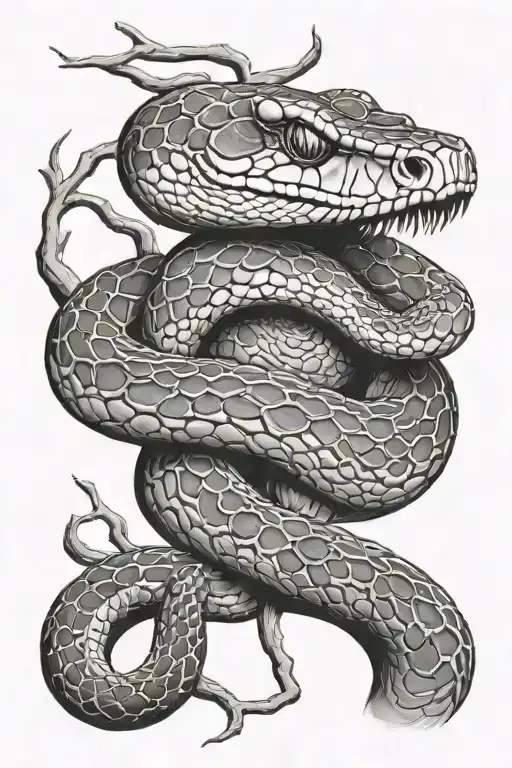 rattle snake wrapped round a tree branch tattoo design idea