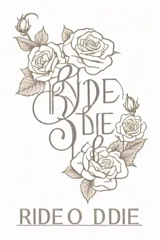 ride or die lettering surrounded by roses tattoo design idea