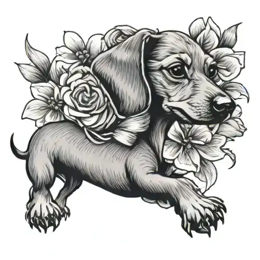 weiner dog with flowers tied together with a ribbon tattoo design idea