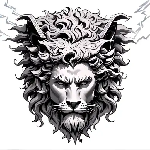 greek god with lightning and lions face sulpture tattoo design idea