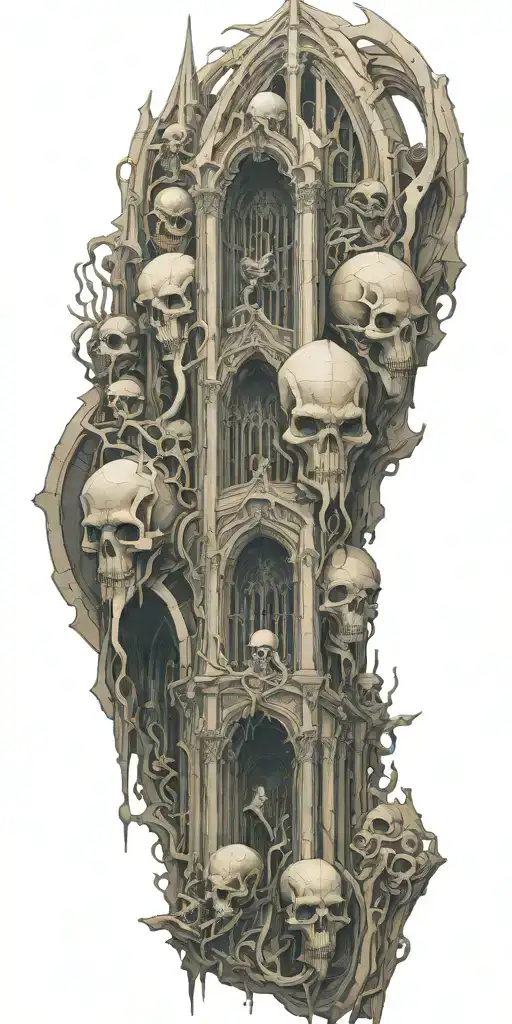 cthulhu, mindflayers, skeletons and cultists trapped in a geometric cathedral realism, tentacles, mindwarp tattoo design idea