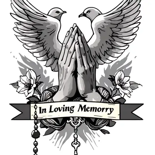 "In Loving Memory" "In Loving Memory" Praying Hands, Rosary, Dove, Black and Gray tattoo design idea