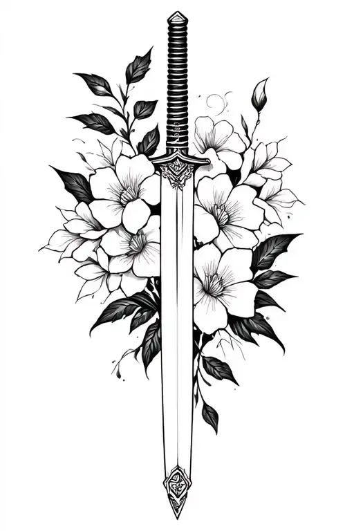 katana and flowers fine line tattoo design idea