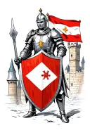 polish tutonic knight holding a shield with polish flag with a castle in background tattoo design idea