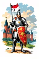 polish tutonic knight holding a shield with polish flag with a castle in background tattoo design idea