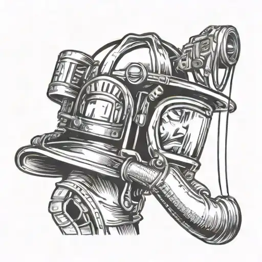 a firefighter helmet with the reflection in the window, being a another firefighter, spraying water out of a hose.  tattoo design idea