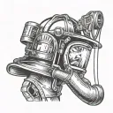a firefighter helmet with the reflection in the window, being a another firefighter, spraying water out of a hose.  tattoo design idea