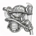 a firefighter helmet with the reflection in the window, being a another firefighter, spraying water out of a hose.  tattoo design idea