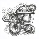 a firefighter helmet with the reflection in the window, being a another firefighter, spraying water out of a hose.  tattoo design idea