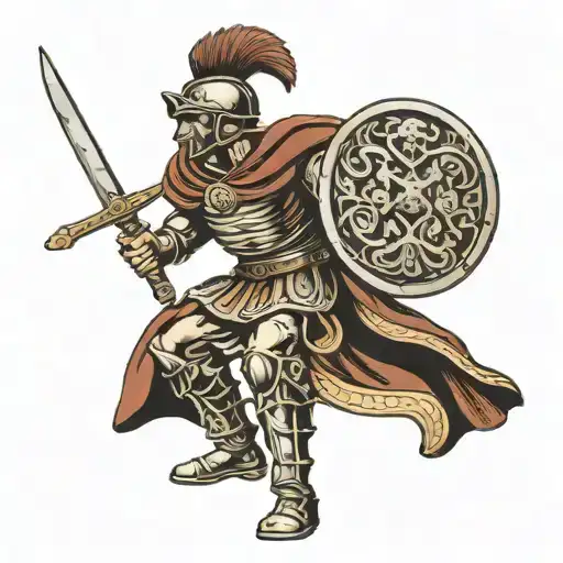 roman soldier standing sword strength and honour tattoo design idea