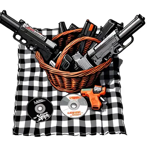 picnic blanket squared with basket of nerf toy guns and cd disk of slipknot and chevelle tattoo design idea